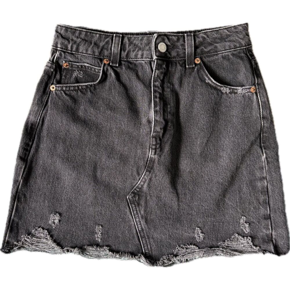 Topshop Faded Black Distressed Denim Mini Skirt size 2 100% Cotton Biker Grunge